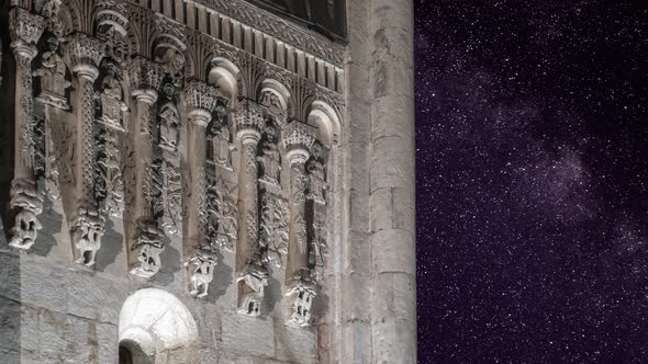 Closeup Night Stars Timelapse Milky Way White Stone Old Church Cathedral
