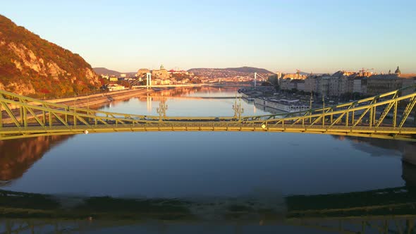 Slow approach to the Liberty Bridge over the River Danube alt