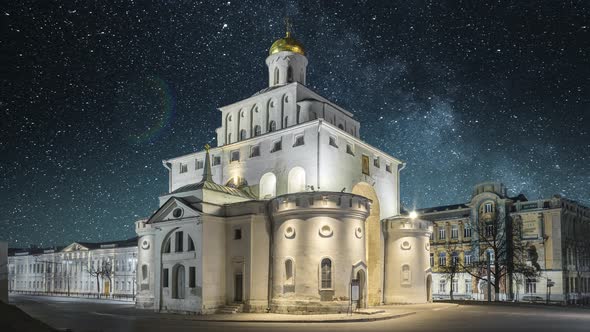 Night Stars Timelapse Milky Way White Stone Old Golden Gate Church Cathedral