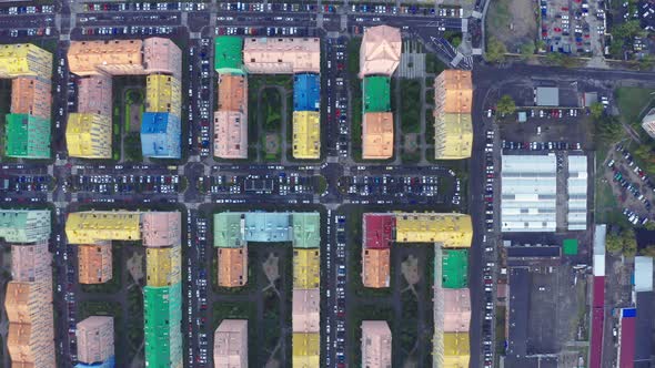 Top view of the colorful modern buildings, aerial footage from the drone alt