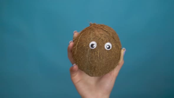 Coconut with Eyes in a Woman Hand. Coconut Jumps Into the Frame and Looks Around on a Blue alt