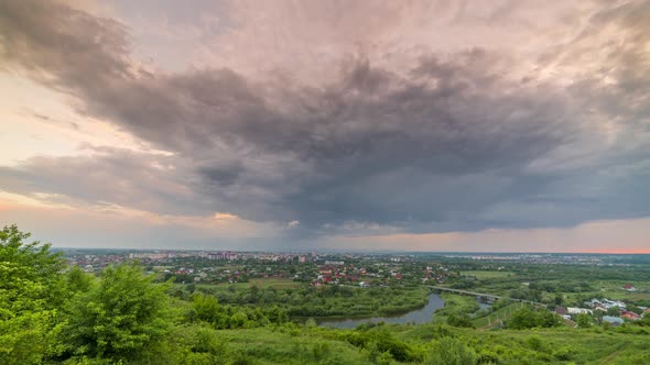 View of the City of Ivano-Frankivsk Ukraine. Storm Clouds Float Over the City.