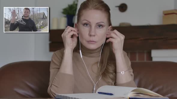 Blond Woman Greeting Young Man in Wireless Chat. Portrait of Attractive Caucasian Lady Waving  alt