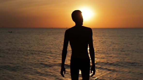 Silhouette of Man Walking on Seashore and Looking at Beautiful Sea at Sunset