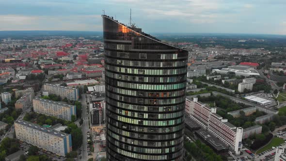 Aerial drone view of skyscraper  Sky Tower in Wroclaw with city center in background. Wroclaw, Polan alt