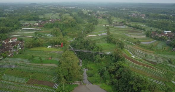 Aerial drone view of suspension bridge, valley and river with waterfalls. mangunsuko bridge or Jokow alt