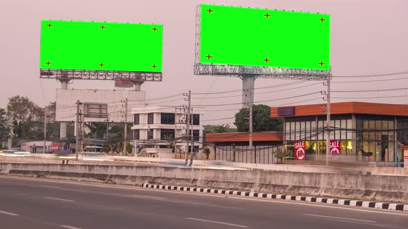 Time lapse Night city street Billboard stand with chroma key green screen alt