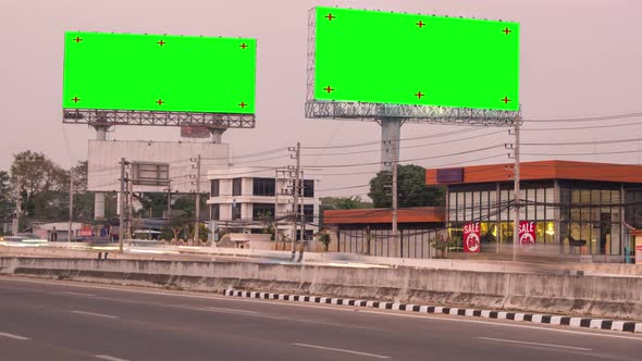 Time lapse Night city street Billboard stand with chroma key green screen