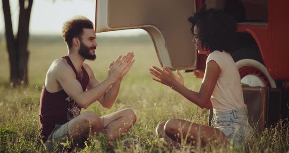 Closeup Retro Bus One Guy and Young Woman Sitting alt