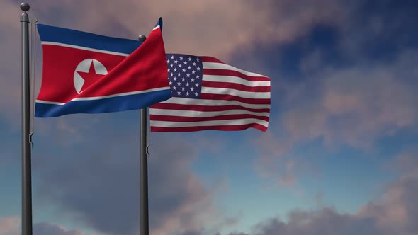 North Korea Flag Waving Along With The National Flag Of The USA - 4K alt