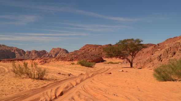 Road in the Desert Against the Backdrop of Mountains and Blue Sky