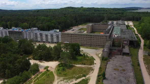 Aerial View Of The Famous Colossus Of Prora In Rugen Germany - orbiting drone shot alt