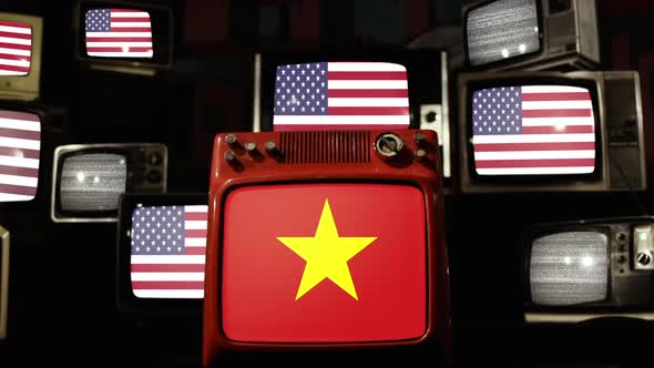 Vintage Televisions Displaying Vietnam and American Flags alt