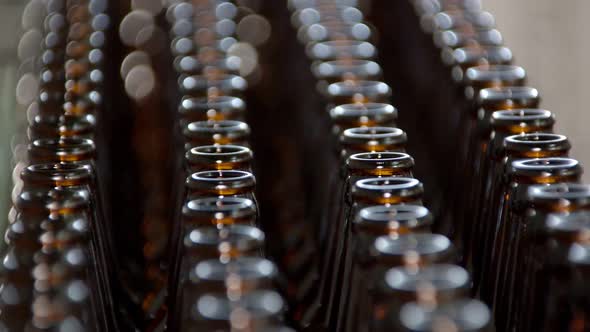 Close-up View of Bottles on Conveyor Belt, Close-up, Modern Brewery, Bottling Workshop