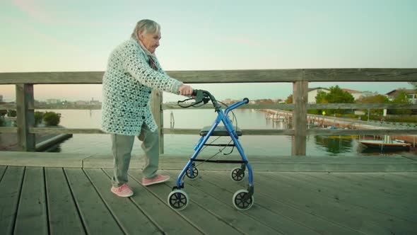 Old Woman Walks on Bridge Over Lagoon with Wheelchair alt