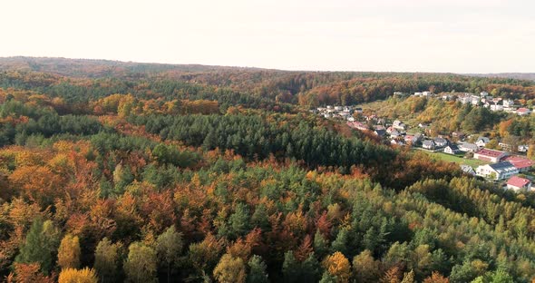Estate of detached houses surrounded by beautiful autumn forest in central europe alt