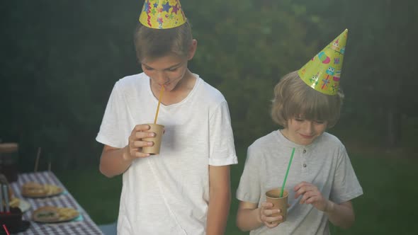 Happy Teenage and Little Brothers Drinking Juice From Paper Cup Laughing Dancing in Slow Motion in alt