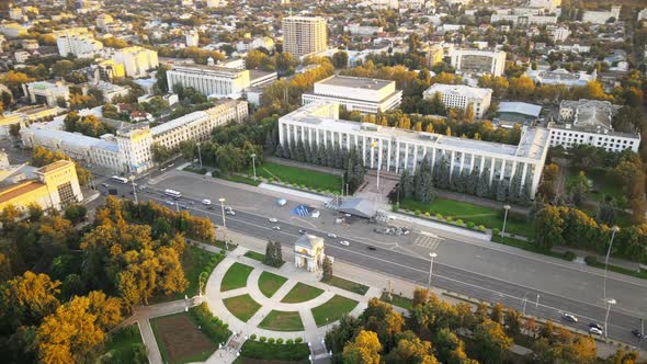 Aerial drone view of Chisinau downtown at sunset. View of Goverment building, Triumph Arch and centr alt