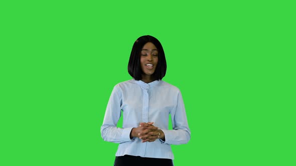 Confident Female Presenter African American Businesswoman Present Commercial Talk Point Finger Up on