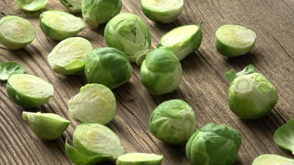 Brussels sprouts (Brassica oleracea) on old wooden table