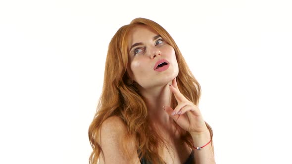 Girl Thinks About Her, and Finds the Answer To the Question. White Background alt