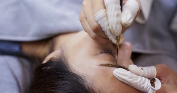Young woman gets facial beauty procedure, microblading procedure alt