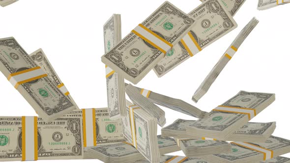 Many wads of money falling on table. 1 US dollar banknotes. alt