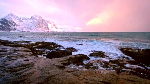 Norwegian Sea Waves on Rocky Coast of Lofoten Islands, Norway alt