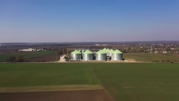 Aerial View of the Steel Grain Silos Outdoors