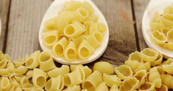Various pasta in spoons on wooden background and also scattered on wooden background alt