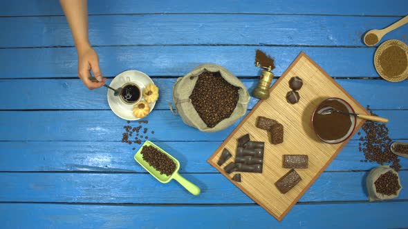 Coffee and Chocolate Dessert on Blue Wooden Table