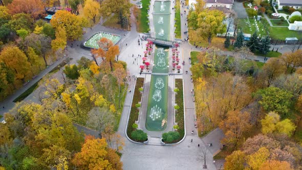 Autumn aerial city park with fountains in Kharkiv