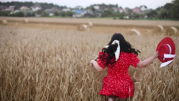 Beautiful Stylish Woman with Dark Hair in a Red Dress in a Field with Hay