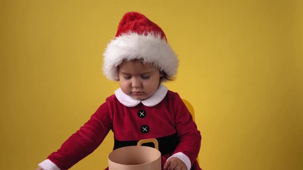 Happy Cheerful Chubby Toddler Baby Girl in Santa Suit Looking On Camera At Yellow Background alt