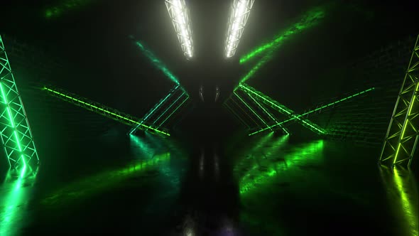 Abstract Neon Background Flying Forward Through the Corridor Glowing Green Blue Lines Appear alt