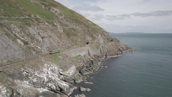 Train On The Cliff In Bray Town, Wicklow, Ireland - aerial shot alt