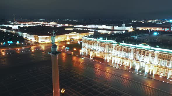 Aerial View To Palace Square with Winter Palace and Alexander Column in Background, St Petersburg