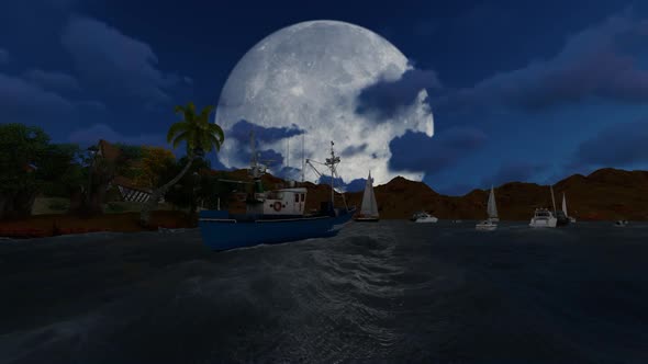 Panorama of full moon and clouds at night alt