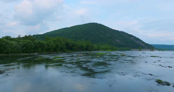 Sunset Over Large River View From Drone 4