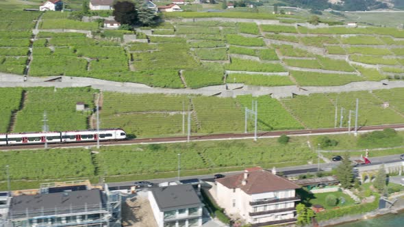 Aerial of train driving through beautiful Swiss landscape and panning towards a vast, beautiful lake alt