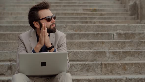 Overwhelmed Exhausted Stressed Man. Tired Worker Overworked On Laptop. Frustrated Businessman. alt