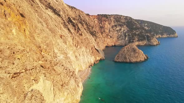 Aerial drone view of the Ionian Sea coast of Zakynthos, Greece. Rocky cliffs alt
