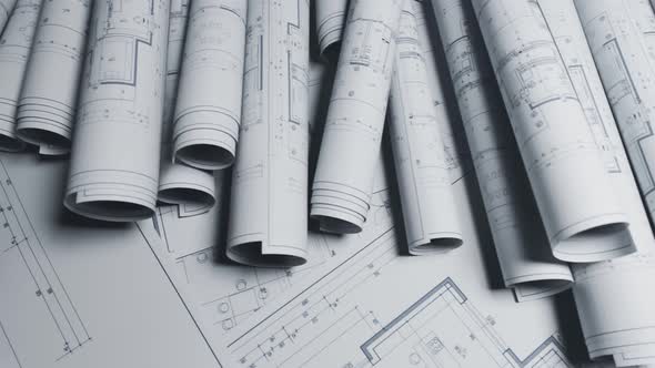 Seamless loopable animation of a stack of white blueprints on the table. alt