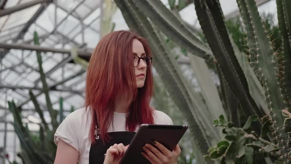 Learning at Botanic Garden: Female Florist in Greenhouse with Tablet