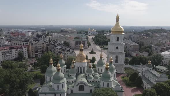 Kyiv. Ukraine: Saint Sophia's Cathedral in Kyiv. Aerial View, Slow Motion, Flat, Gray alt