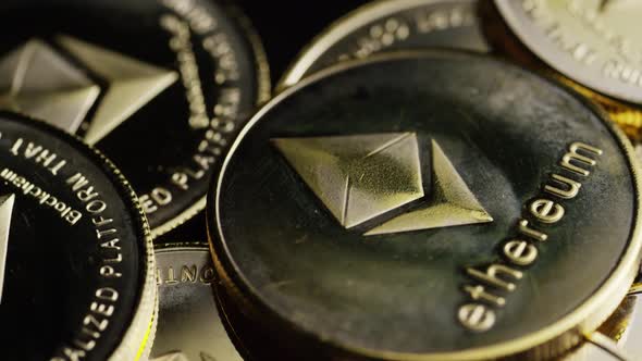 Rotating shot of Bitcoins (digital cryptocurrency) - BITCOIN ETHEREUM 148 alt