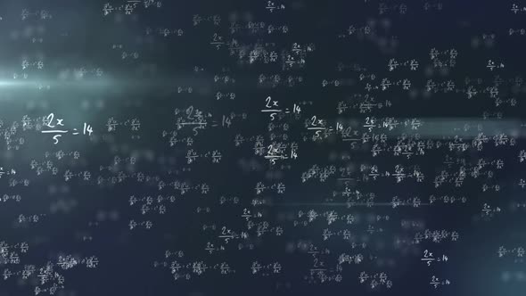 Animation of mathematical formulae moving and white outlined cube turning on dark background alt
