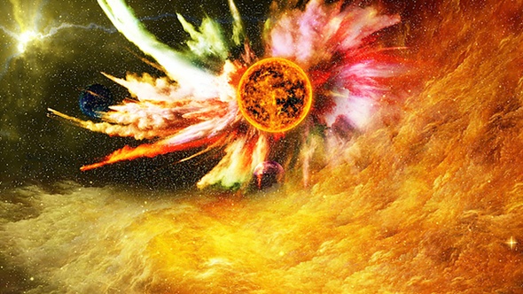 Abstract Yellow Nebula in Deep Space with Big Yellow Star and Planets and Energy Flare