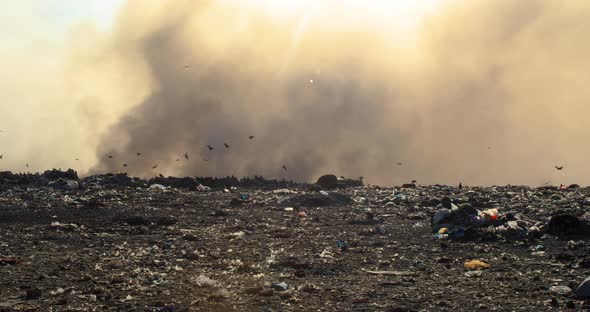 Burning garbage pile in trash landfill alt