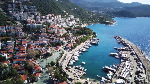 The top view from the drone of Kas resorts, bay, yahts, city in Mugla in Turkey alt